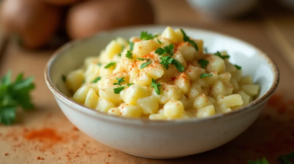 Creamy egg-free potato salad garnished with parsley and paprika