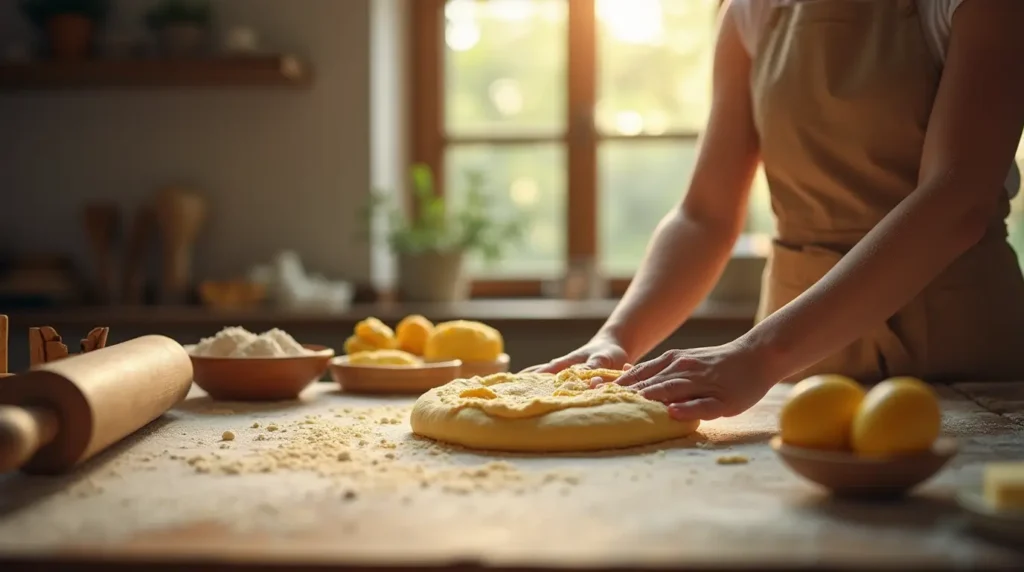 Kneading dough for breakfast pastries with flour on the counter.