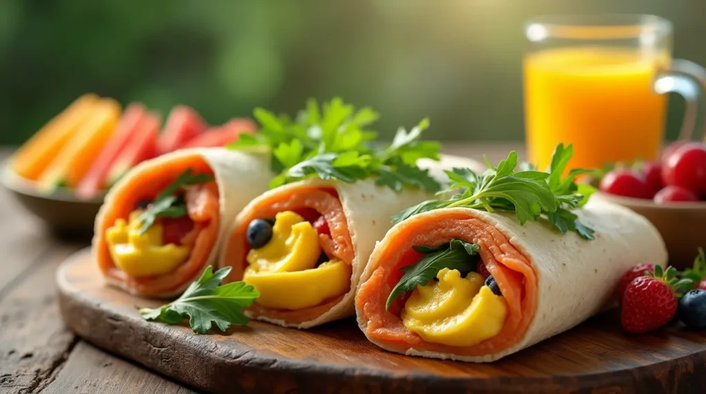 Salmon wraps with scrambled eggs and arugula on a wooden board