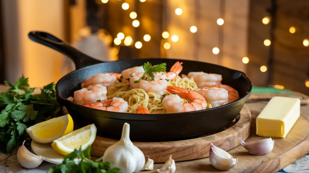 Garlic Butter Shrimp and Noodles in a skillet