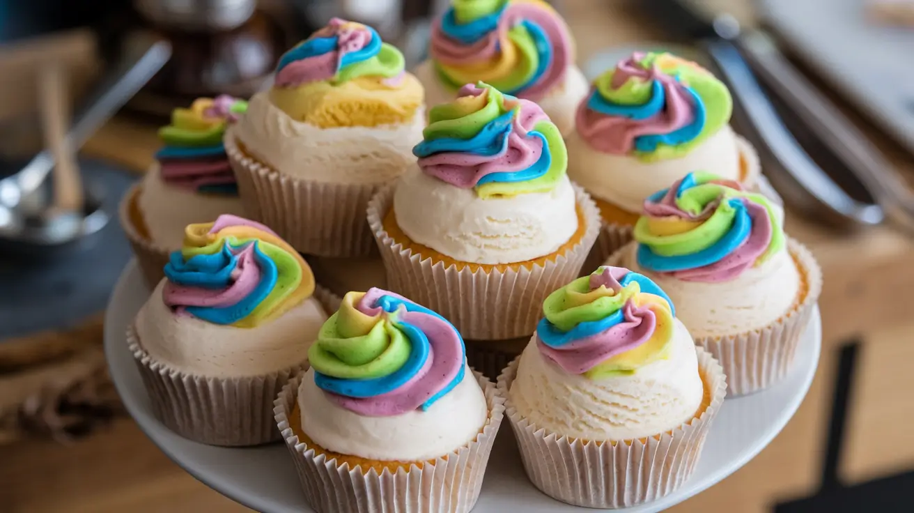 Finished ice cream cupcakes decorated with frosting and sprinkles.