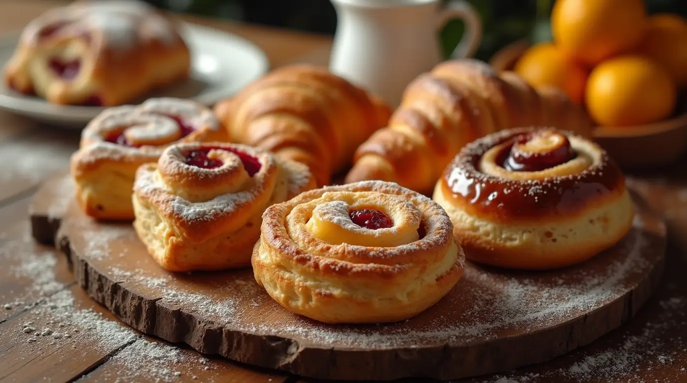 Freshly baked breakfast pastries on a wooden tray with coffee.