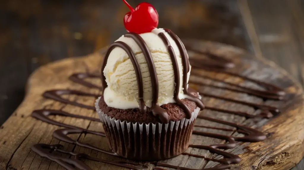 Cupcakes being filled with scoops of colorful ice cream.