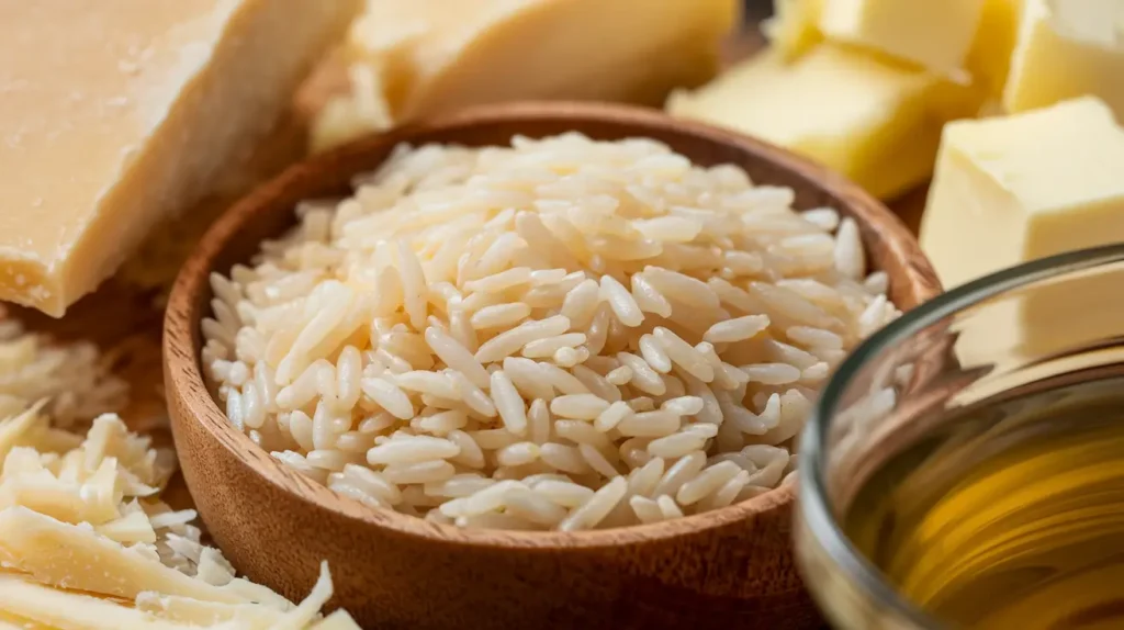  Arborio rice in a wooden bowl with parmesan cheese and butter.