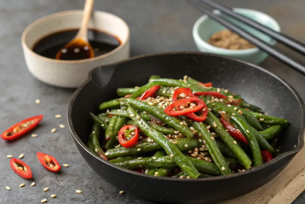 Asian-style green bean stir-fry with sesame seeds.