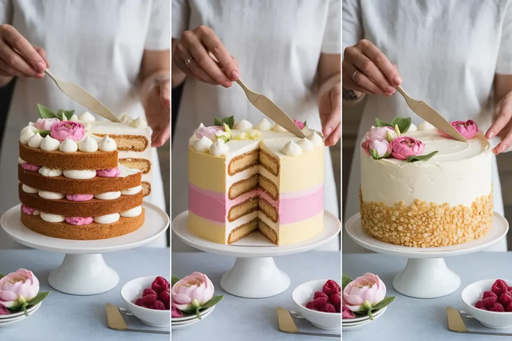 Layers of Princess Cake being assembled with whipped cream, jam, and custard.