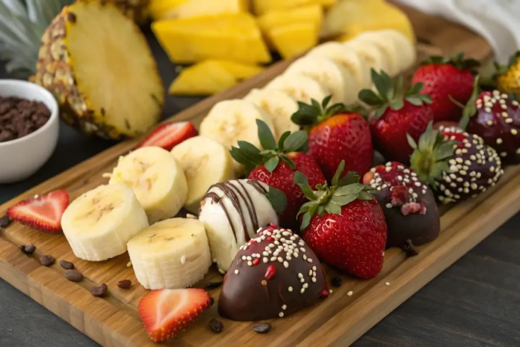 Assorted fruits dipped in chocolate on a wooden board.