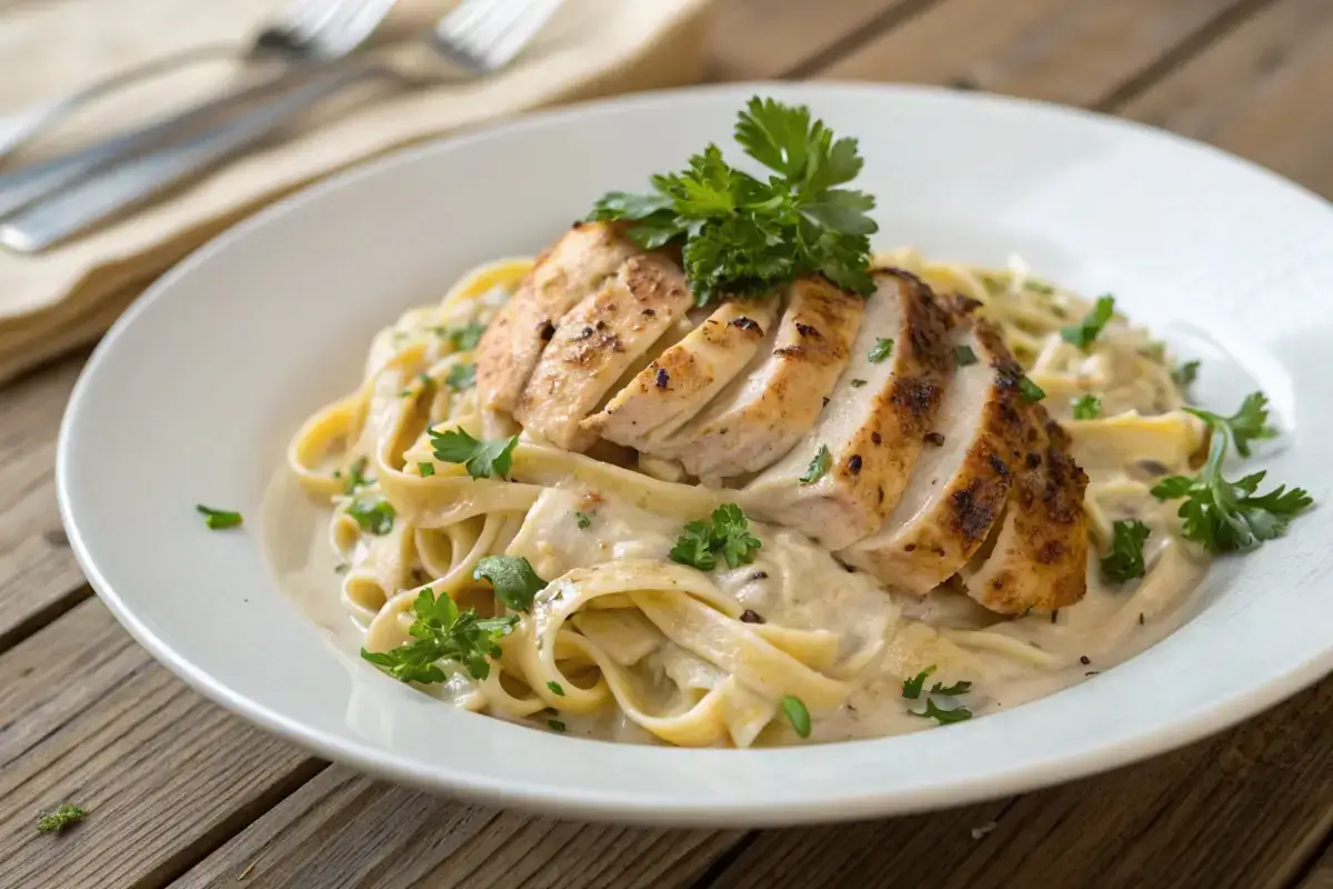 Plated blackened chicken Alfredo with fettuccine.