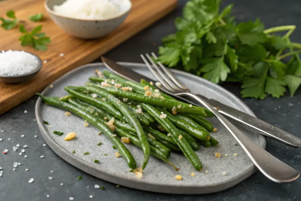 Buttery garlic green beans served on a gray plate.