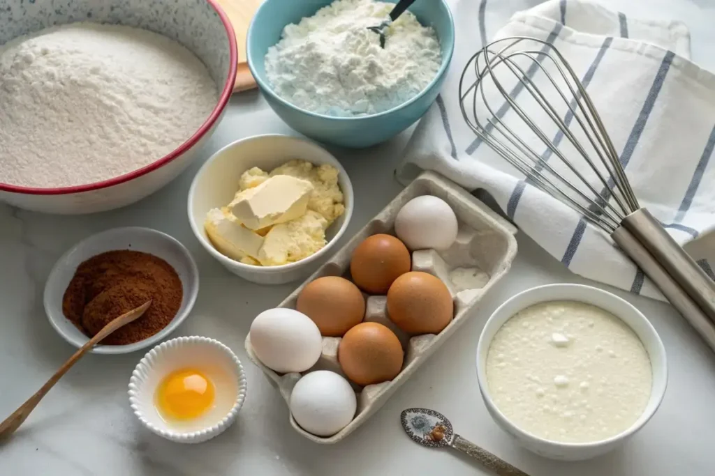 Ingredients for making a cake including sour cream