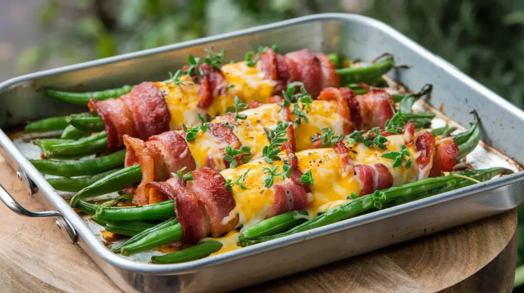 Bacon wrapped green beans with cheese topping.