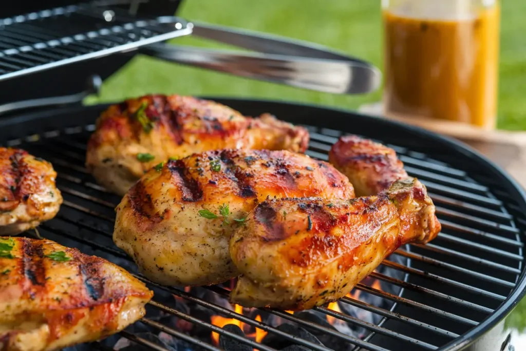 Close-up of chicken pieces grilling on a barbecue, with smoke and a charred texture.