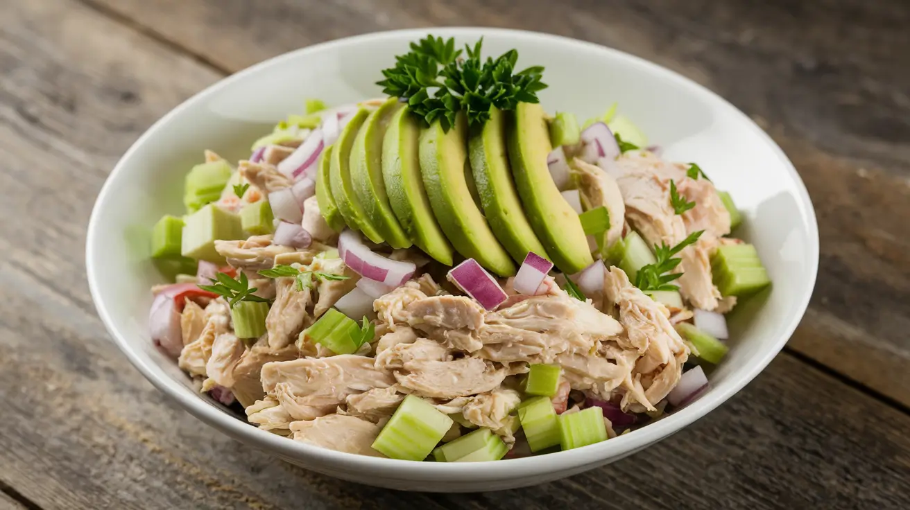 Chicken salad without mayo with avocado and fresh vegetables in a white bowl.