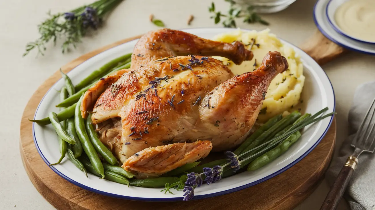 A platter of lavender-infused roasted chicken with side dishes.