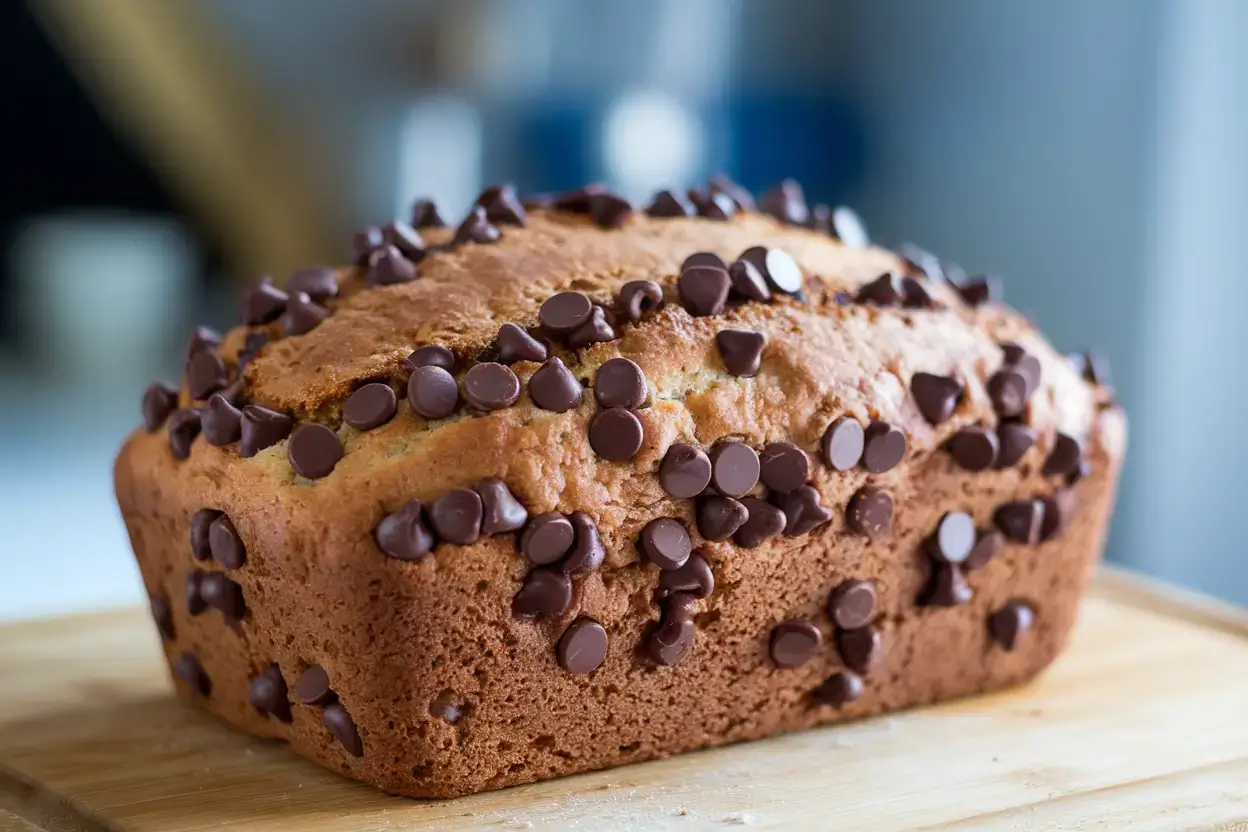 Freshly baked chocolate chip bread with melted chocolate chips.