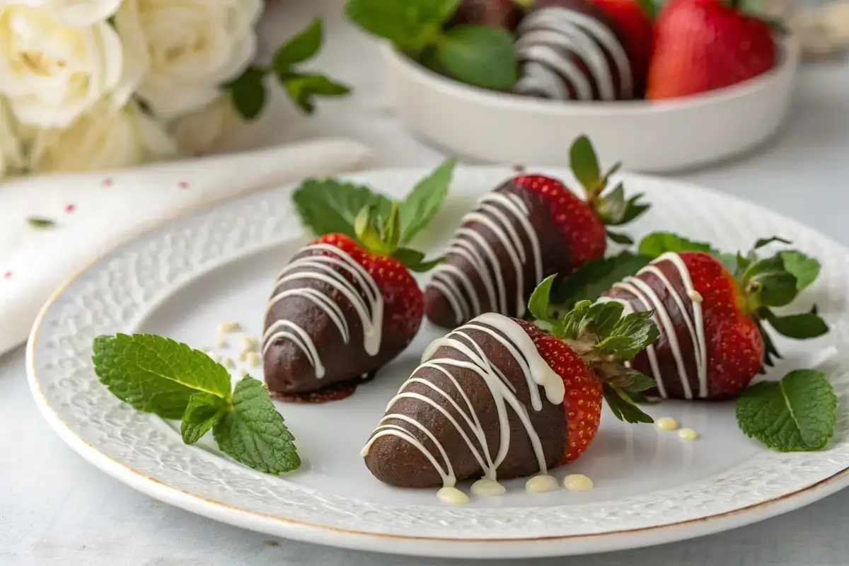 Plate of chocolate-covered strawberries with mint