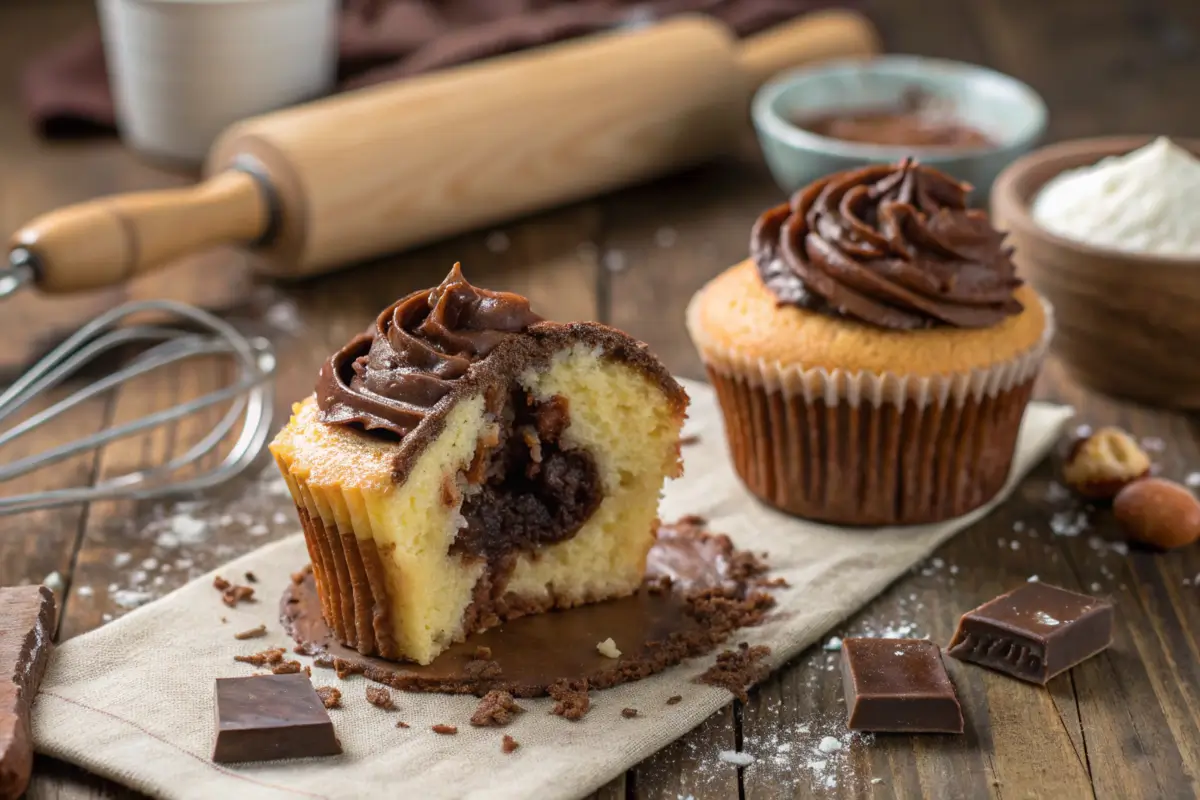 Chocolate-filled cupcake sliced open on a wooden table.