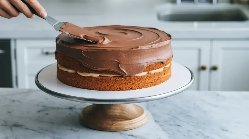 Spreading chocolate frosting over vanilla cake layers with a spatula.