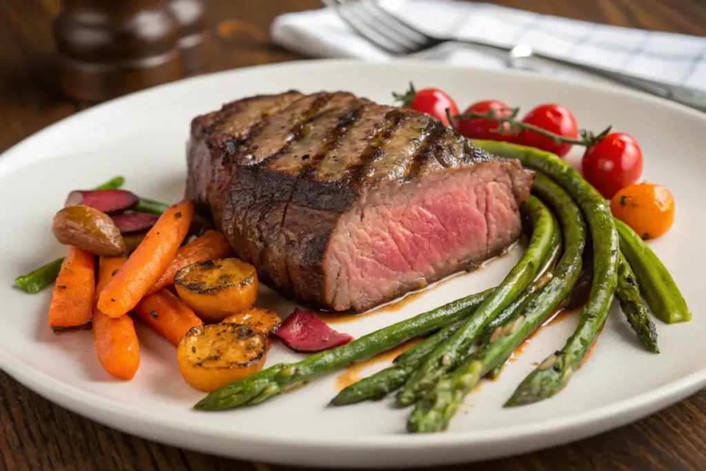 Medium-rare chuck eye steak with roasted vegetables.