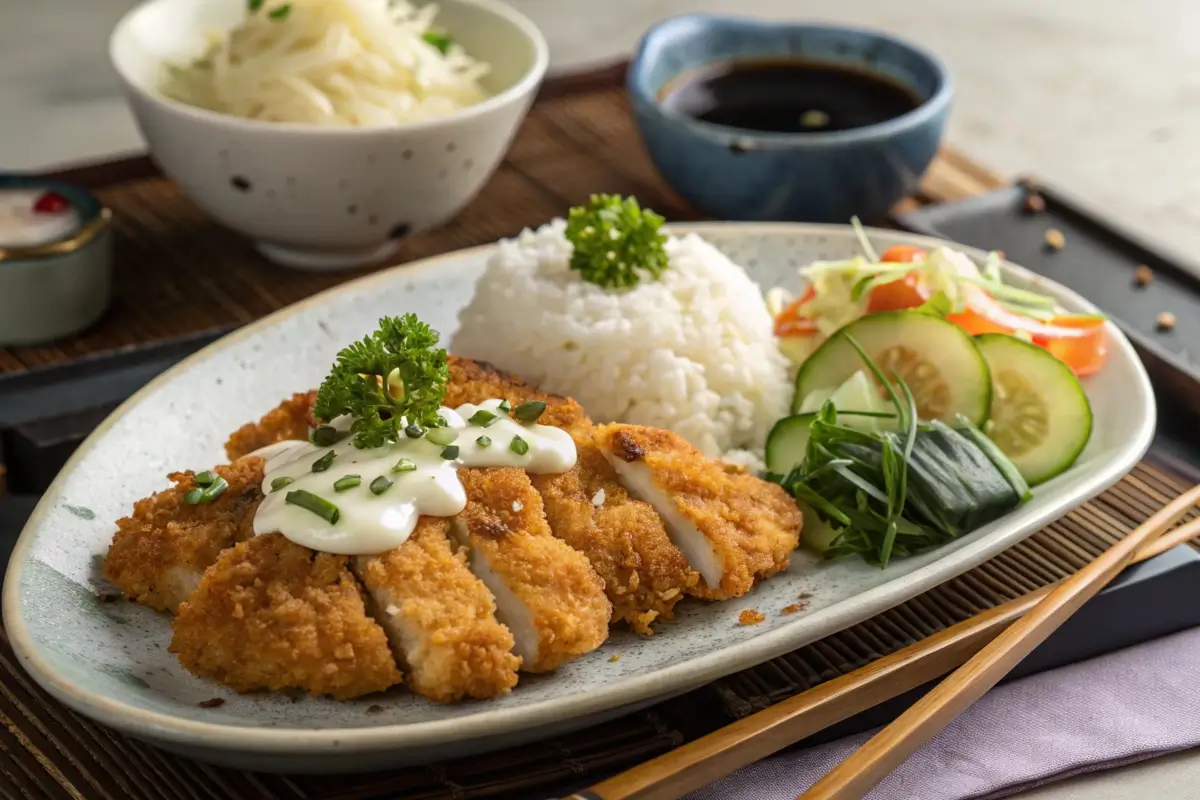 Plated Chicken Nanban with tartar sauce, rice, and vegetables.