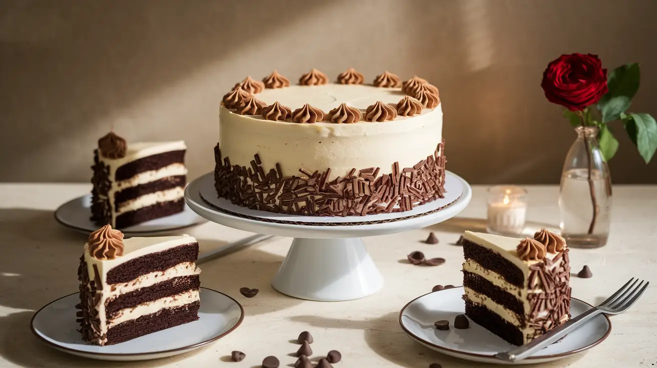 Perfectly frosted vanilla cake with chocolate topping on a white cake stand