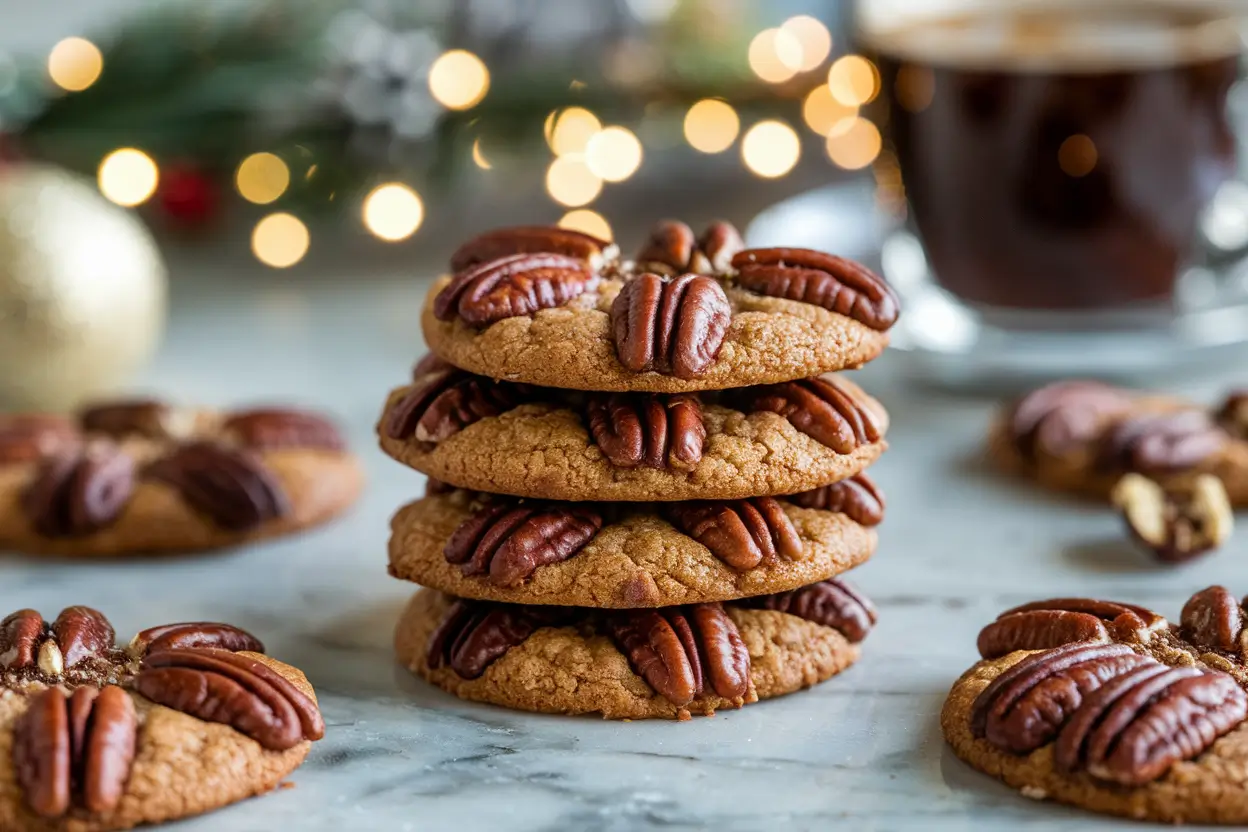 Close-up of pecan pie cookies stacked on a marble countertop