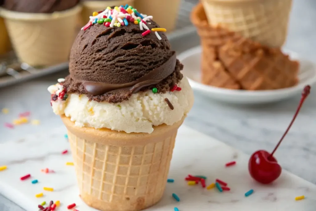 Close-up of an ice cream cone cupcake with chocolate ice cream.