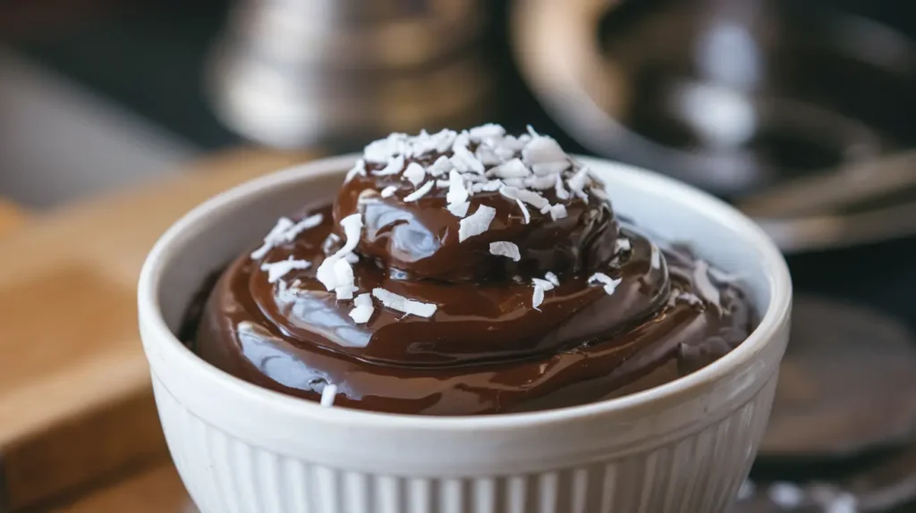 Dark brown coconut sugar icing with coconut flakes