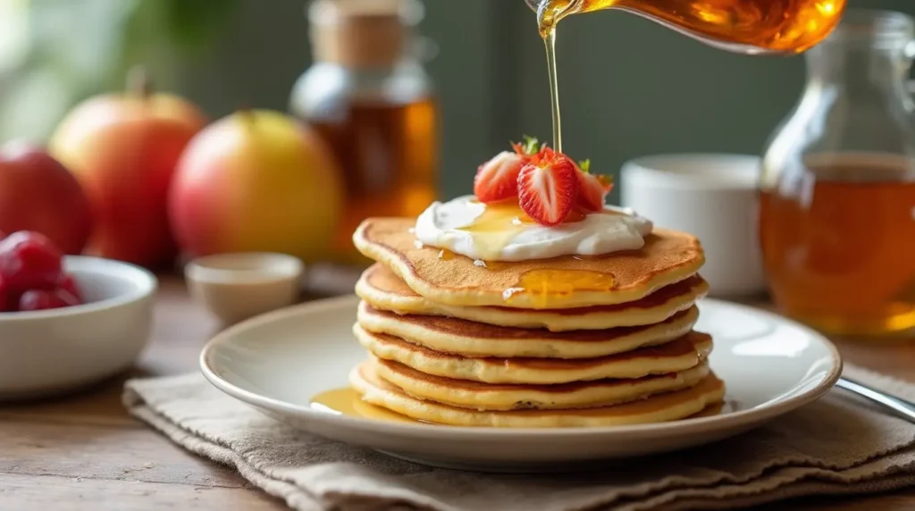 Coconut syrup being poured on a stack of pancakes.