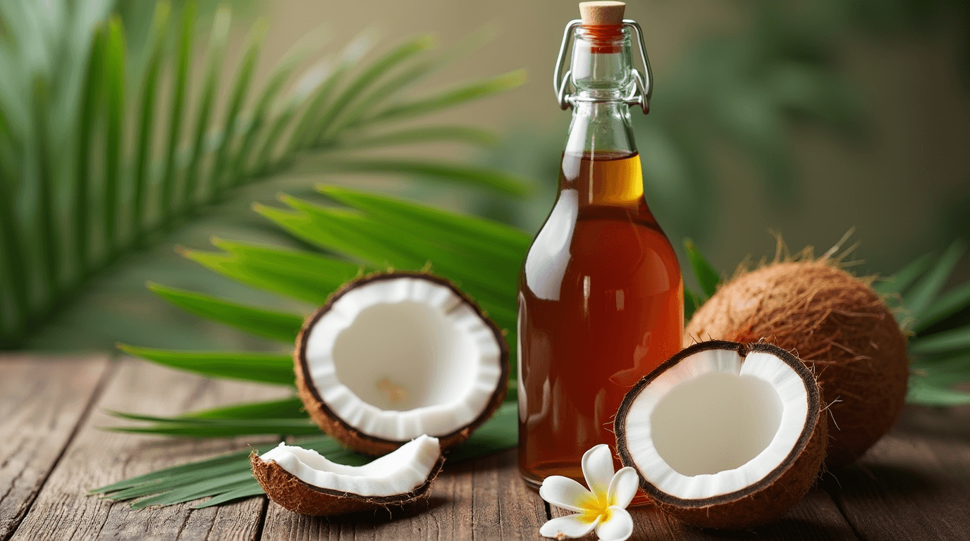 Bottle of coconut syrup with fresh coconuts and palm leaves.