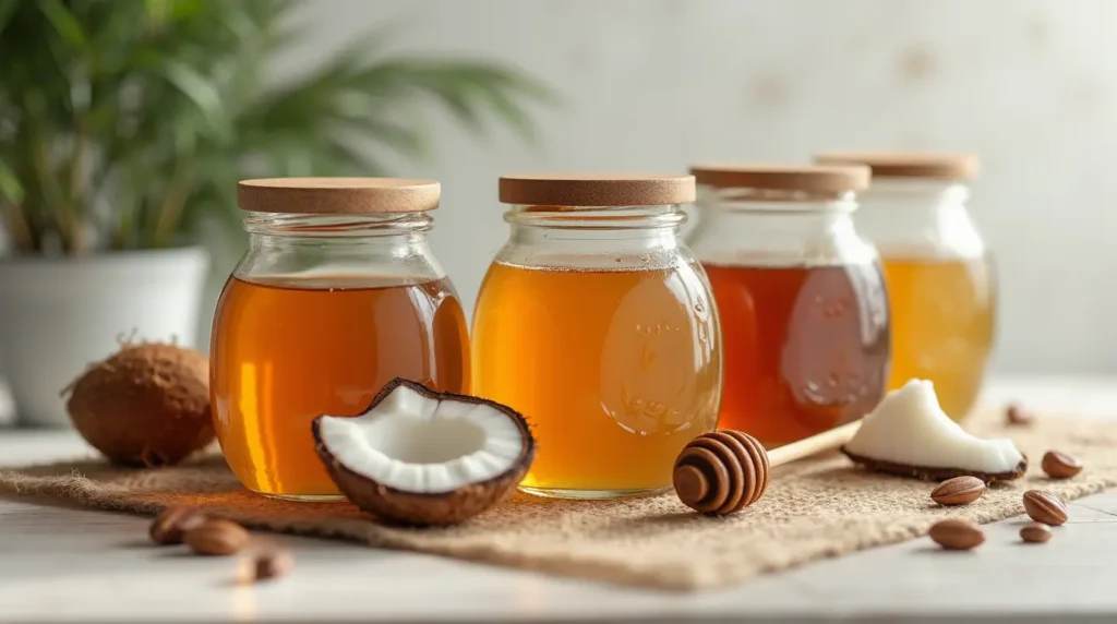 Coconut syrup, honey, and maple syrup jars on a clean table