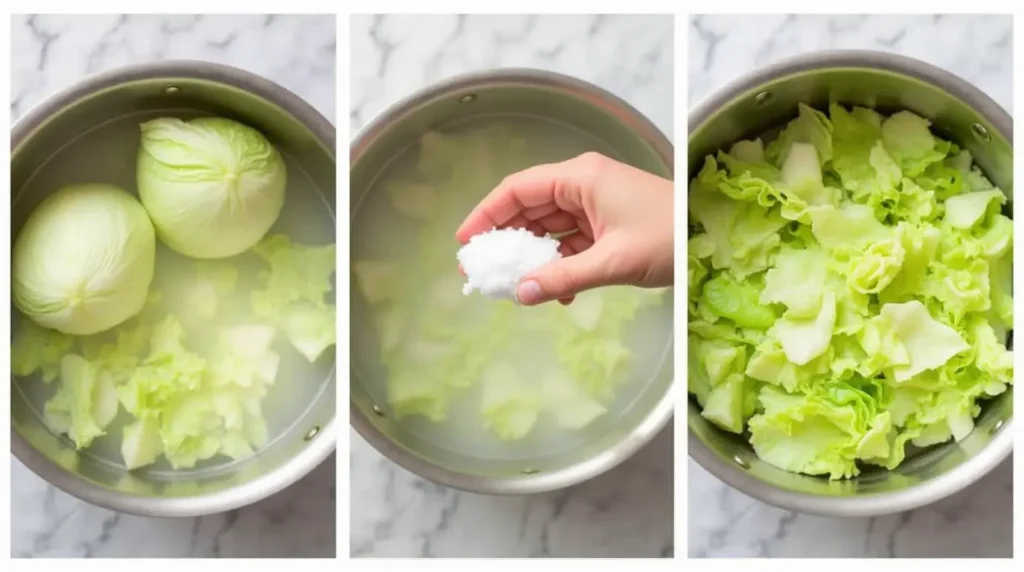 Step-by-step process of cooking cabbage with baking soda.