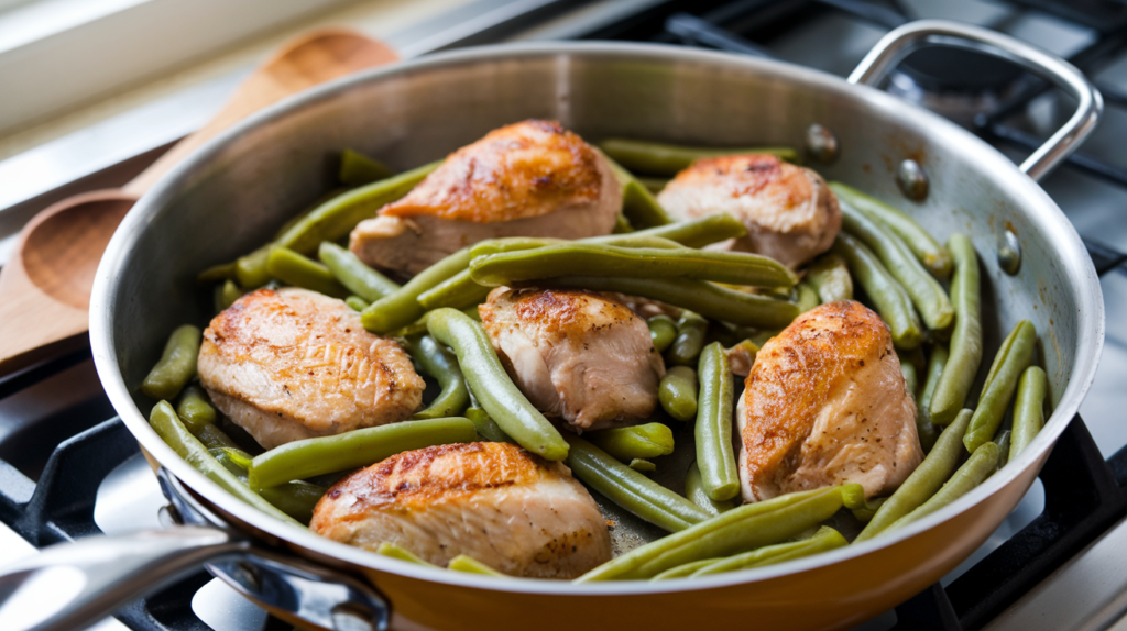 Sautéing chicken and green beans in a pan