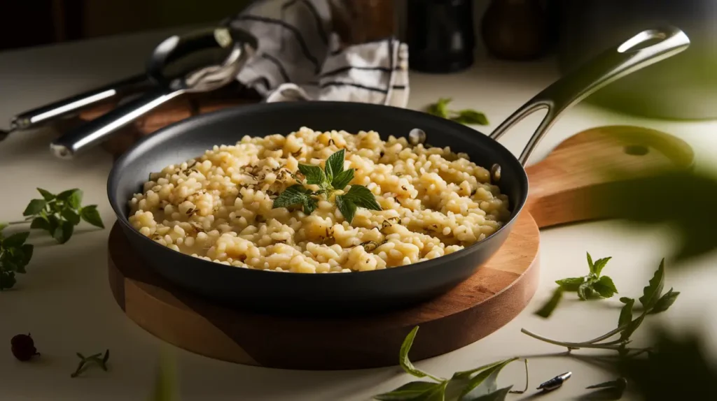 Chef stirring creamy gluten-free risotto in a pan with a wooden spoon