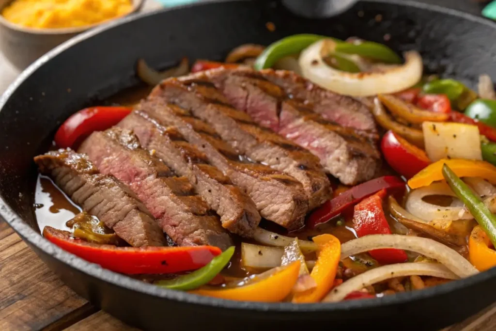 Sautéed steak and colorful vegetables for cheesesteak pasta