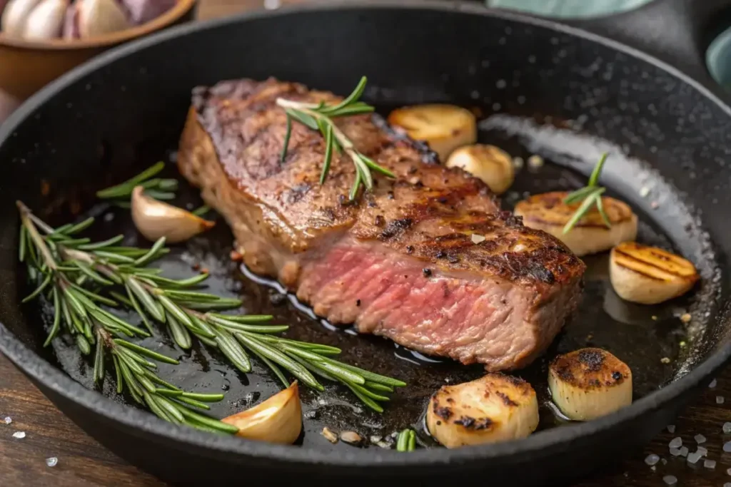 Sizzling teres major steak in a cast-iron skillet