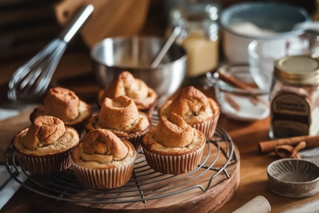 Baked cinnamon French toast muffins cooling.