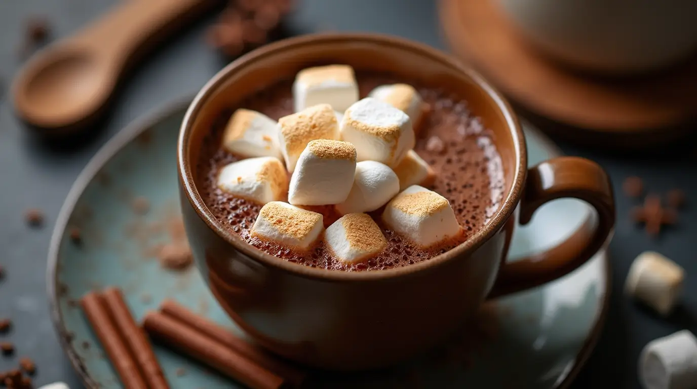 Warm Christmas cocoa with marshmallows in a festive setting