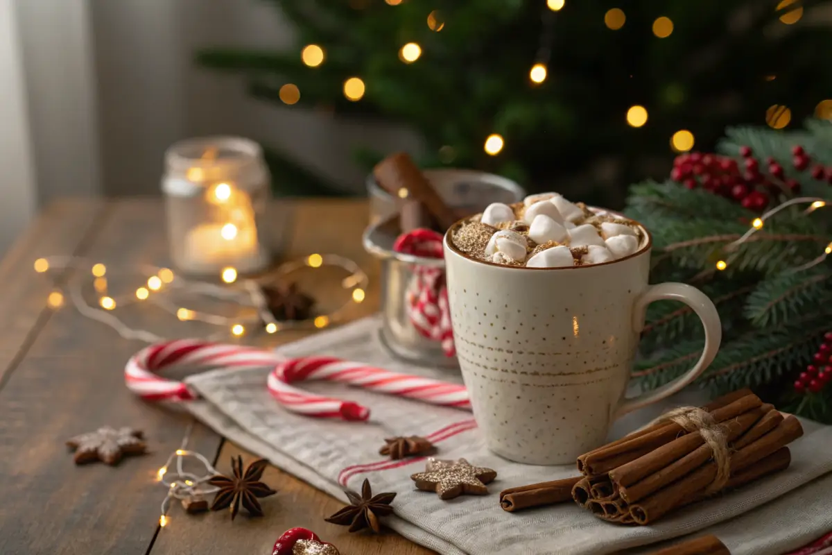 Steaming hot cocoa with marshmallows and holiday décor.