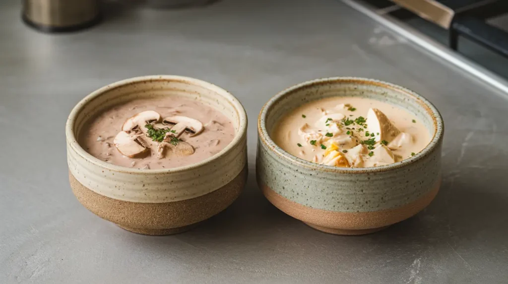 Comparison of cream of mushroom soup and cream of chicken soup side by side.