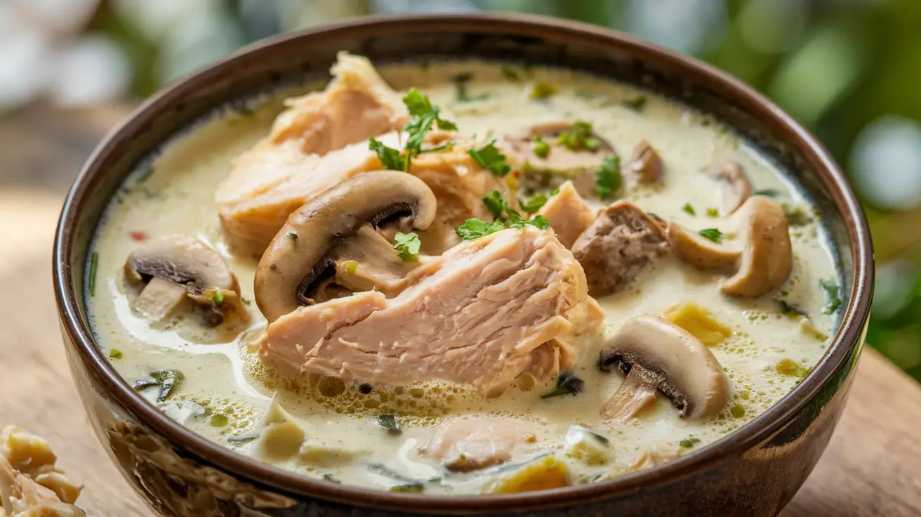 A bowl of creamy chicken and mushroom soup with bread on the side.