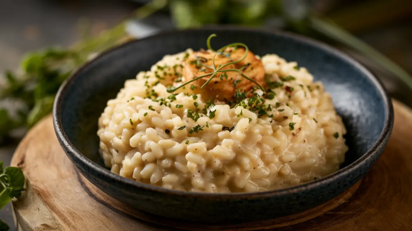 A creamy bowl of gluten-free risotto topped with parsley.