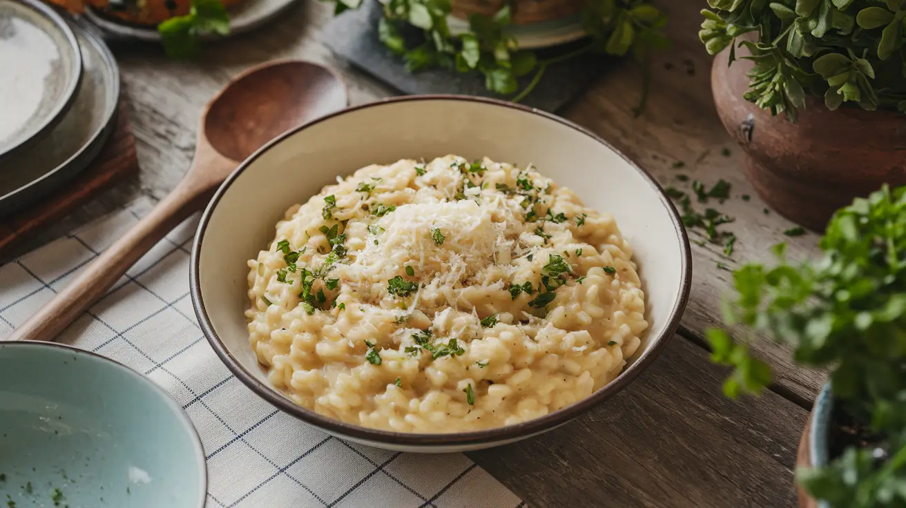 Creamy risotto dish served in a bowl with garnish.