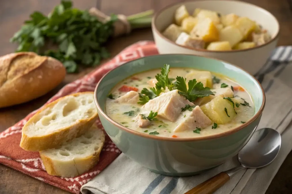 Creamy rockfish chowder served with crusty bread.