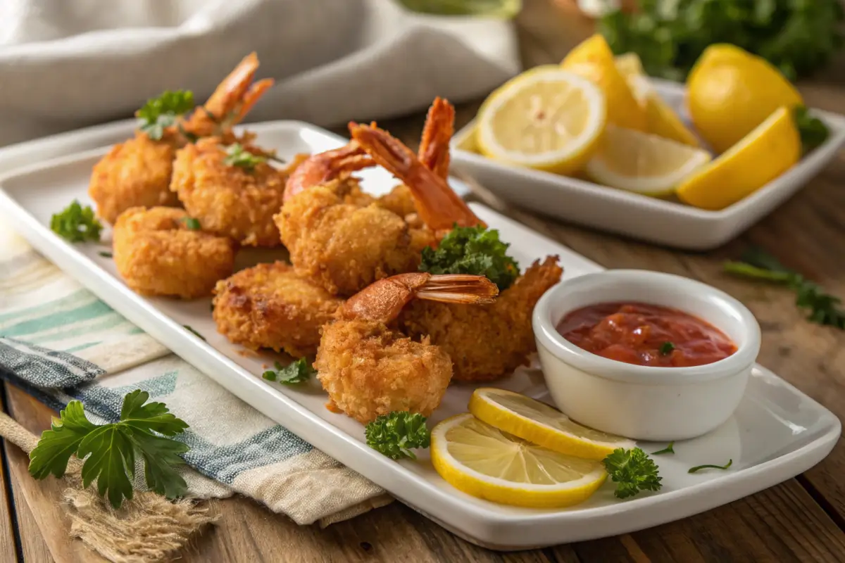 Golden crispy fried shrimp with dipping sauce.