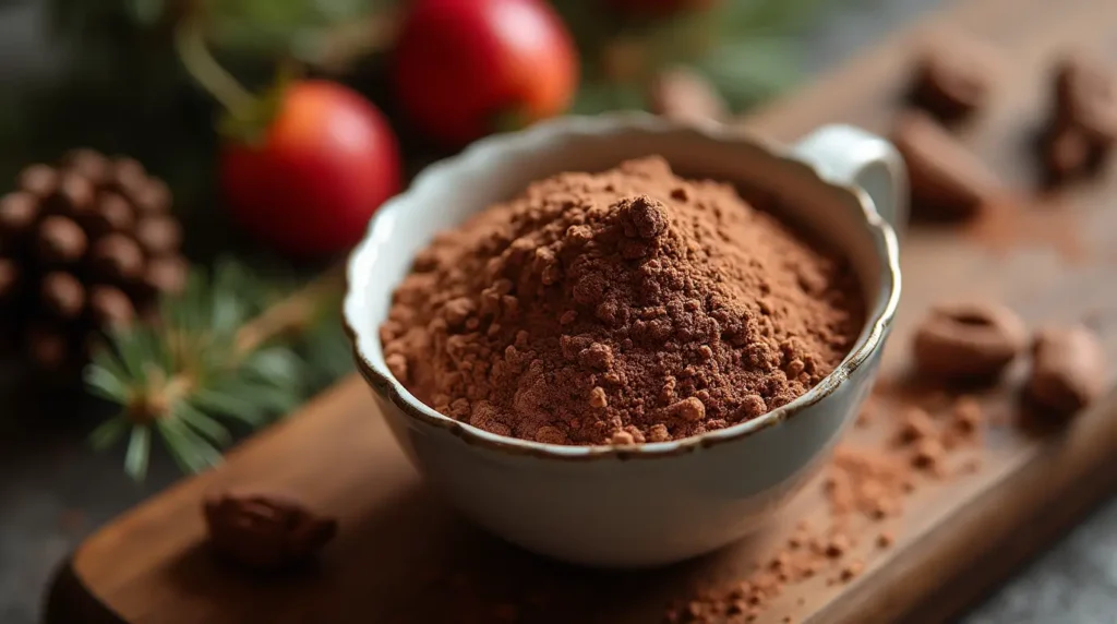 Festive mason jars of cocoa mix with holiday decorations