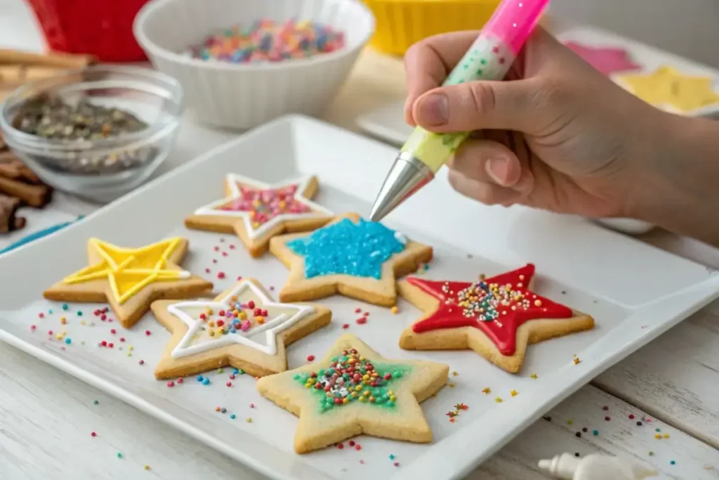 Decorating star-shaped cookies with icing and sprinkles.