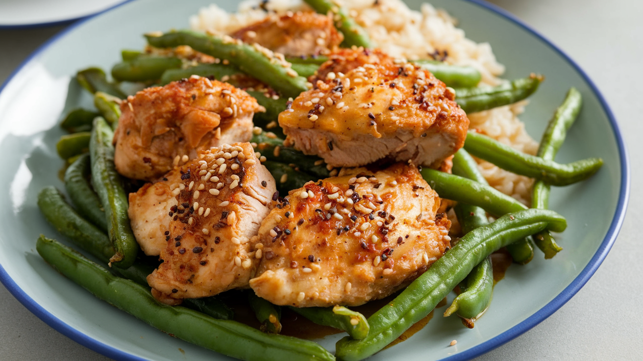 Chicken and green beans recipe served in a skillet