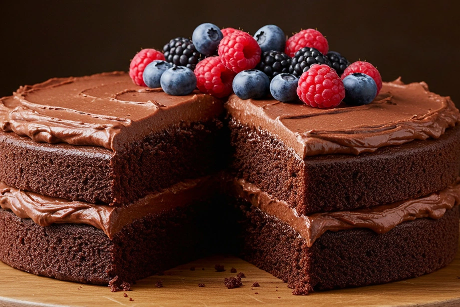 Chocolate cake with cream cheese frosting and berries