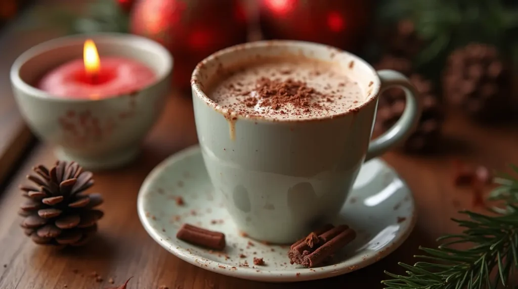 Family enjoying hot cocoa by a Christmas tree